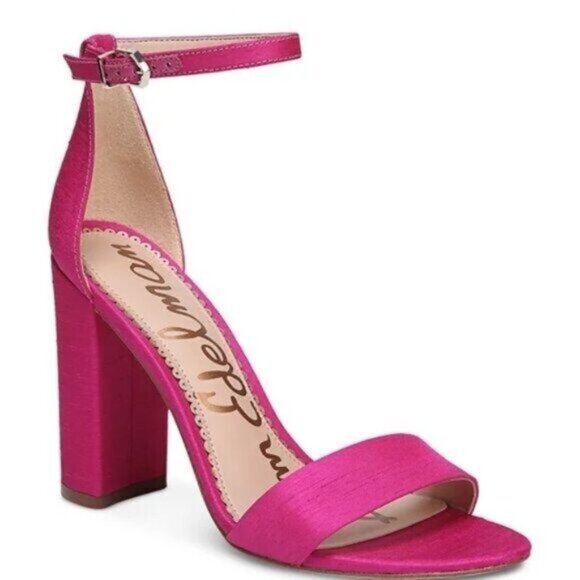 Like-New Sam Edelman Neon Fuchsia Pink Silk Yaro Block Heel Sandals - Picture 6 of 6